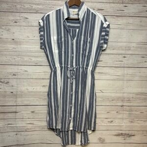 Japna Blue White Striped Cotton Button Down Shirt Dress Short Sleeve Medium